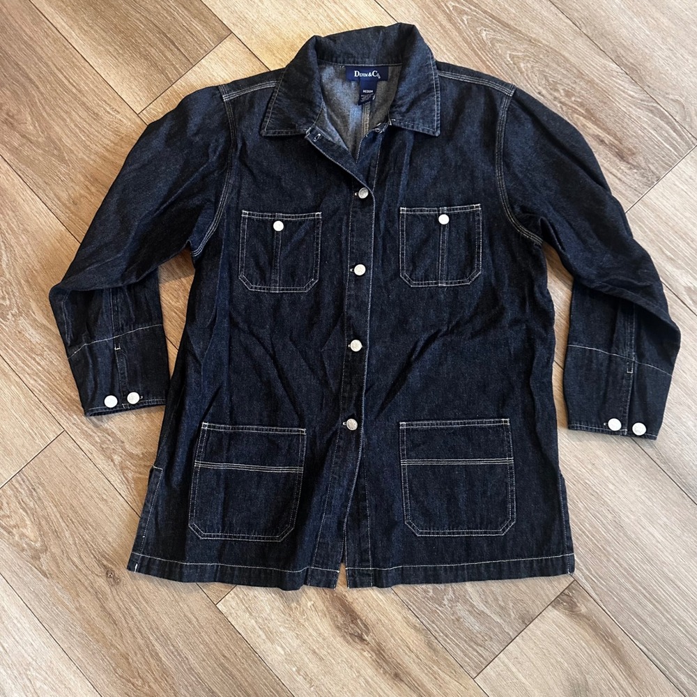 Denim & Co Womens Dark Wash Cotton Utility Chore Jacket Blue Medium Contrast
